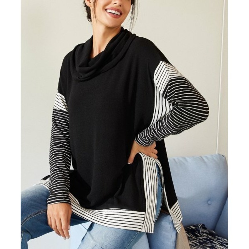 Simple Suzanne Betro Women White & Black Striped Cowl Neck Tunic Size XL